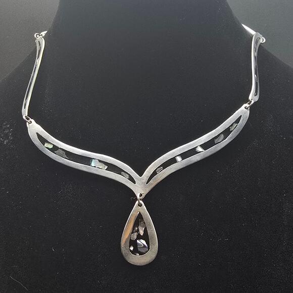 Alapaca Mexico Abalone Shell Inlay Necklace Collar Tear Drop Pendant - Picture 6 of 10